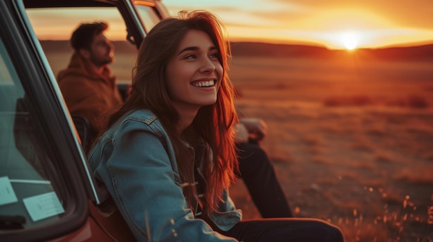Mulher sorridente sentada com o namorado contra o carro durante o pôr do sol.