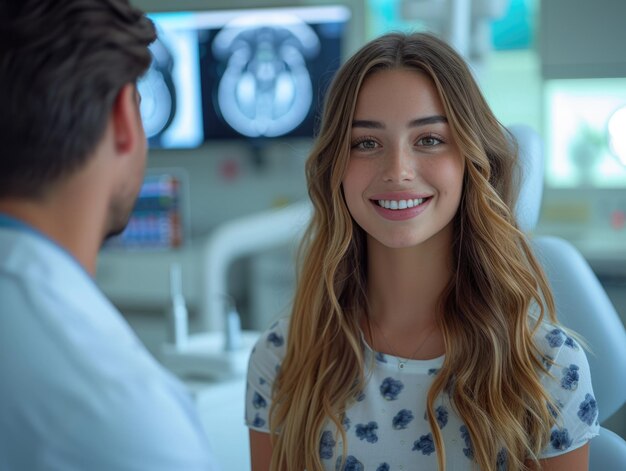 Foto mulher sorridente sentada em um consultório médico ou odontológico com um médico e uma varredura cerebral no fundo