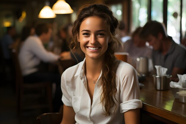 Foto mulher sorridente sentada em uma mesa em um restaurante com pessoas ao fundo ai gerativa