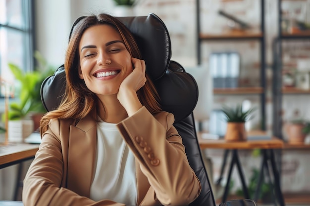 Mulher sorridente sentada na secretária no escritório, mulher de negócios feliz sentada no escritório.