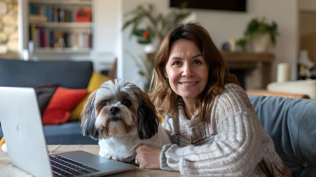 Mulher sorridente trabalhando em casa com seu cachorro de estimação Casual interior Configuração e companhia Estilo de vida moderno Retrato AI