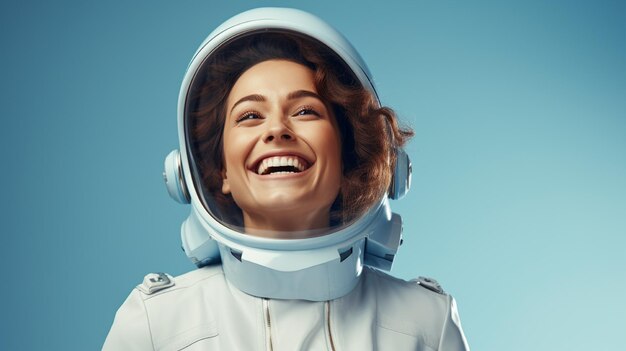 mulher sorridente usa uniforme de astronauta