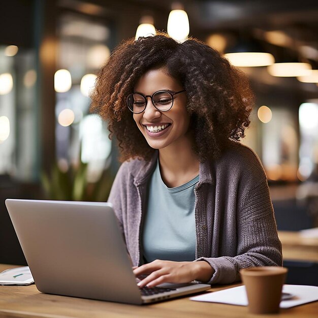 Mulher sorridente usando computador portátil