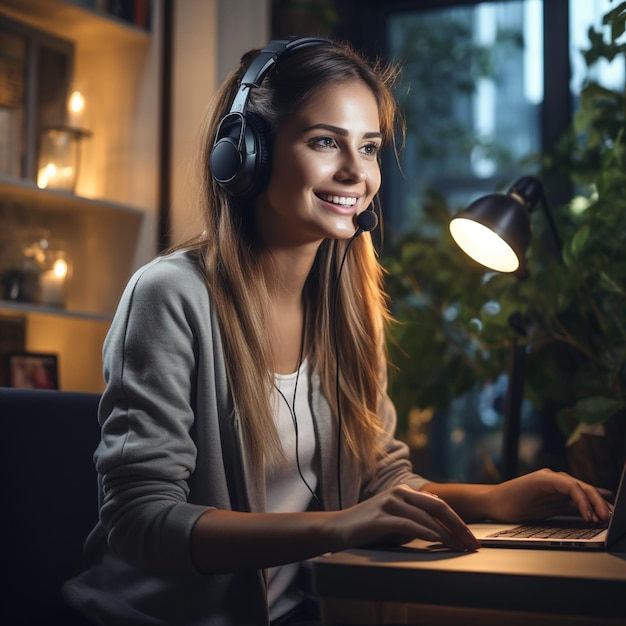 Mulher sorridente usando fones de ouvido e laptop à noite