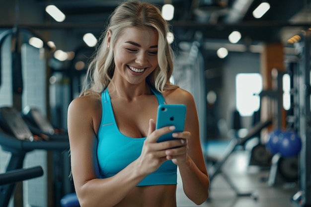 Mulher sorridente usando telefone em uma esteira gerada por IA