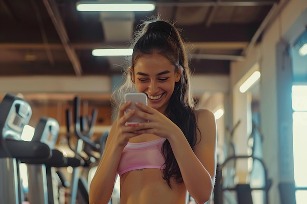 Mulher sorridente usando telefone em uma esteira gerada por IA