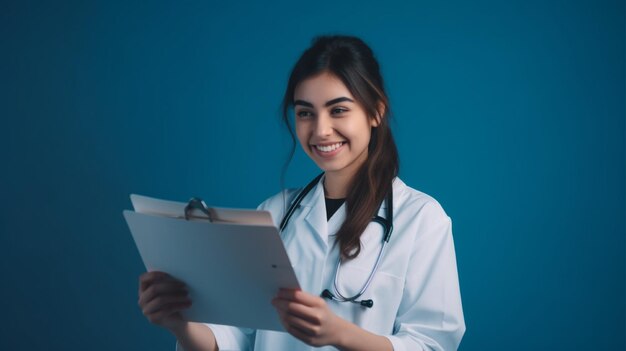 mulher sorridente vestindo uniforme médico