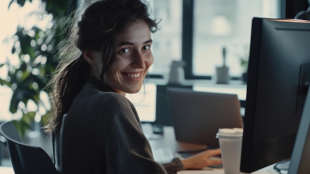 Mulher sorrindo calorosamente encontrando alegria em seu ambiente de escritório criativo