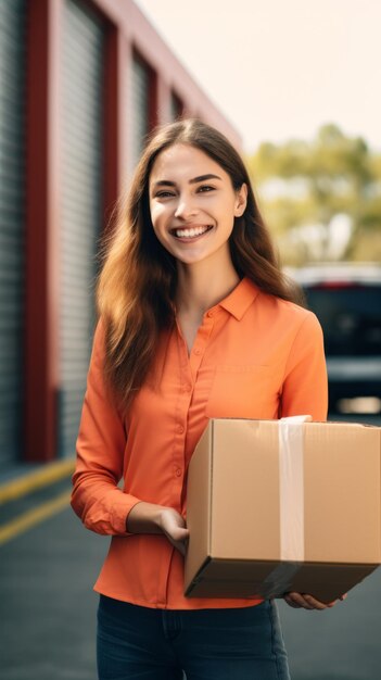 Foto mulher sorrindo com uma caixa de papelão ia generativa