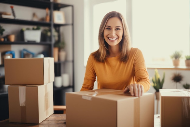 Mulher sorrindo e desempacotando caixas se mudando para uma nova casa