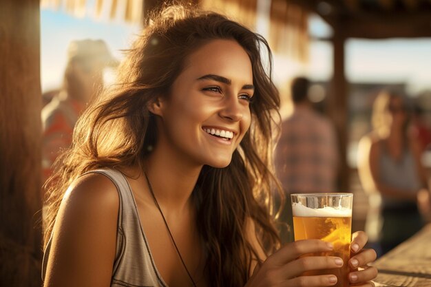 Foto mulher sorrindo e segurando uma cerveja na praia com fundo de estilo bokeh com ia generativa