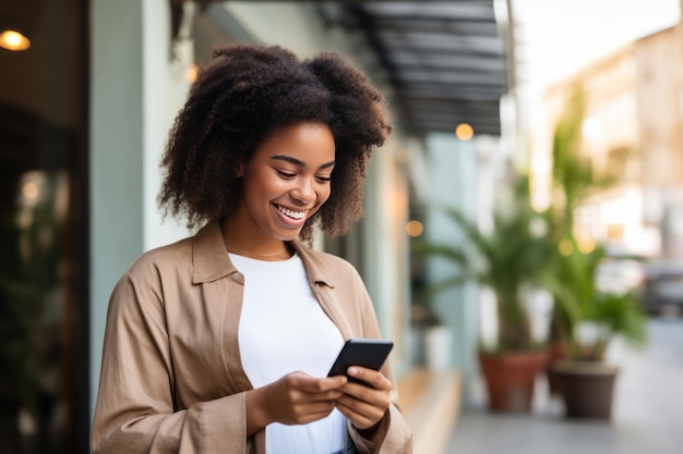 Mulher sorrindo e usando celular para pagamento online