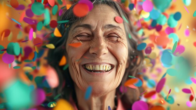 Foto mulher sorrindo em frente a confetes coloridos