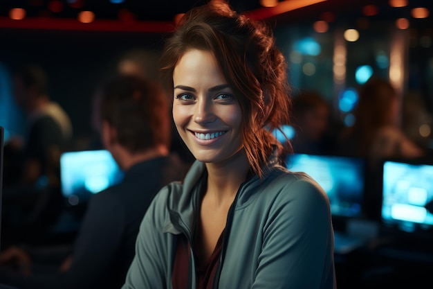 Mulher sorrindo em monitores de computador