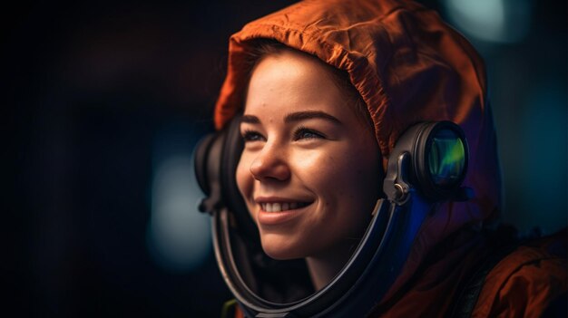 Mulher sorrindo em uniforme de astronauta