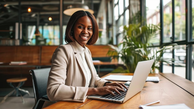 Mulher sorrindo enquanto trabalha em um laptop em um ambiente de escritório brilhante e moderno