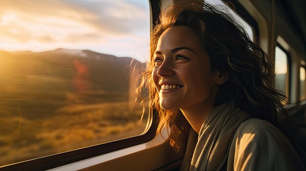 mulher sorrindo feliz Coloque a cabeça para fora da janela do trem e admire o trem atrás das montanhas em meio à natureza