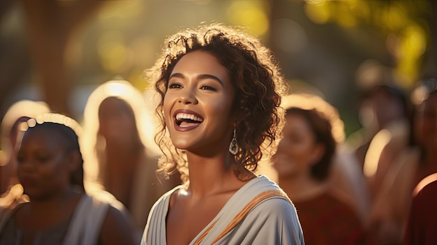 Mulher sorrindo na frente de um grupo de pessoas na Páscoa