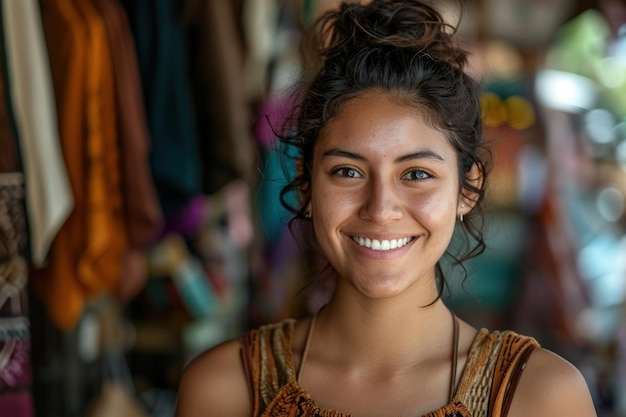 Mulher sorrindo na frente do cabideiro