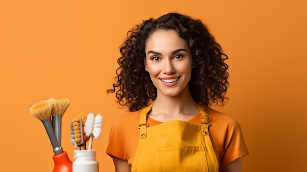 mulher sorrindo olhando diretamente para a câmera segurando itens de limpeza em fundo laranja