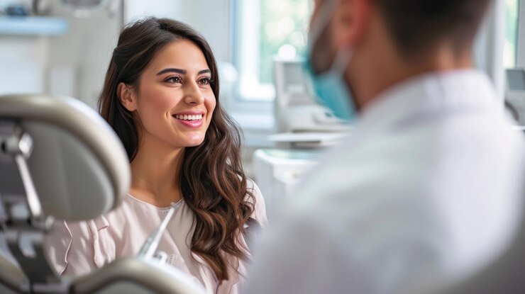Mulher sorrindo para homem no consultório do dentista