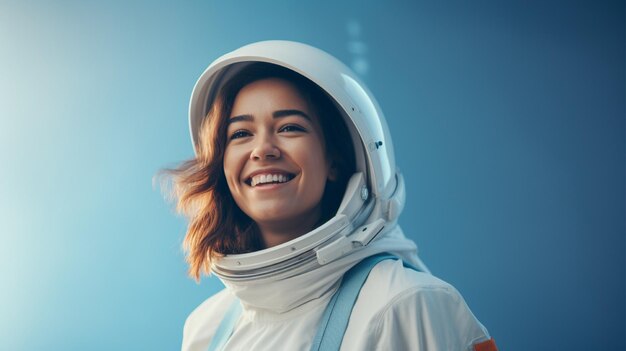 mulher sorrindo vestindo uniforme de astronauta
