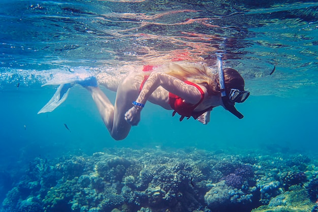 Mulher subaquática snorkeling no oceano mundo subaquático peixes de coral do mar vermelho egito