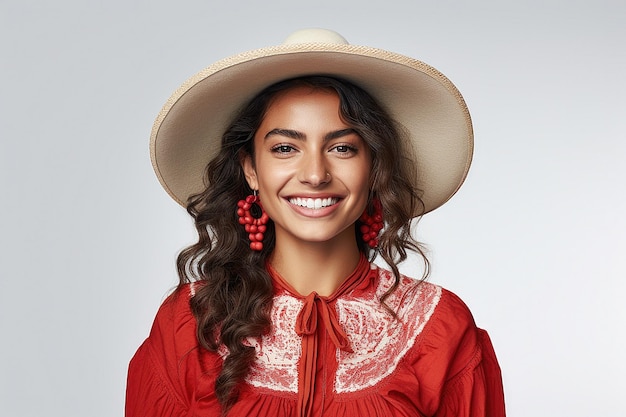 Mulher sul-americana de blusa charro rindo