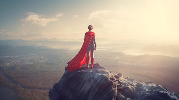 Foto mulher super-herói no topo de uma montanha generative ai