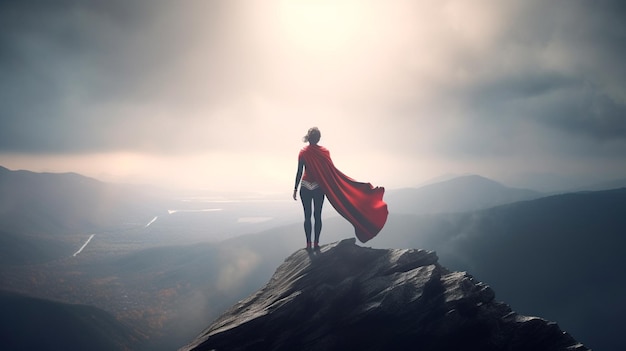 Foto mulher super-herói no topo de uma montanha generative ai