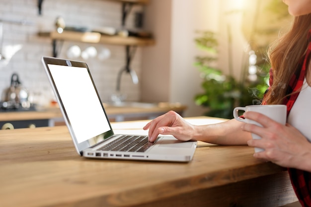 Mulher surfa na internet com seu laptop com uma tela branca. Ela trabalha em casa tão inteligente trabalhando