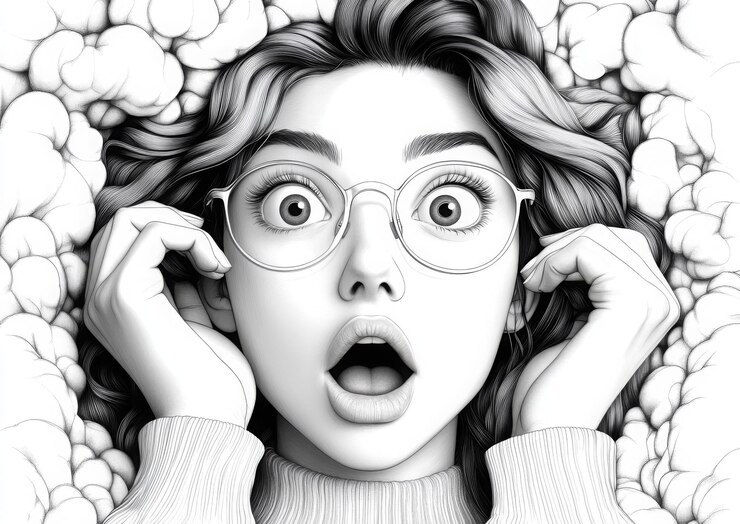 Foto mulher surpreendida com óculos em ilustração em preto e branco