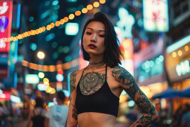 Foto mulher tatuada posando na vibrante vida noturna da cidade