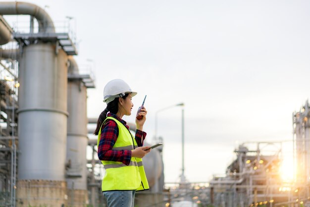 Mulher, técnica, engenheira industrial, usando walkie-talkie e segurando o bluprint