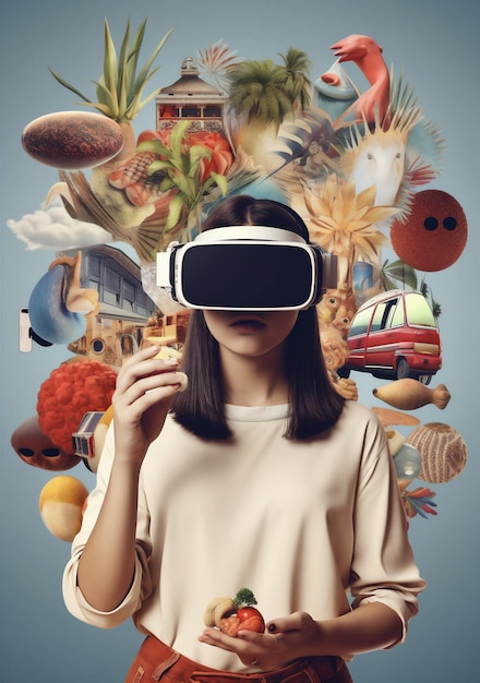 Foto mulher tecnologia viagens futuro virtual vr óculos criativos realidade digital abstrata ia generativa