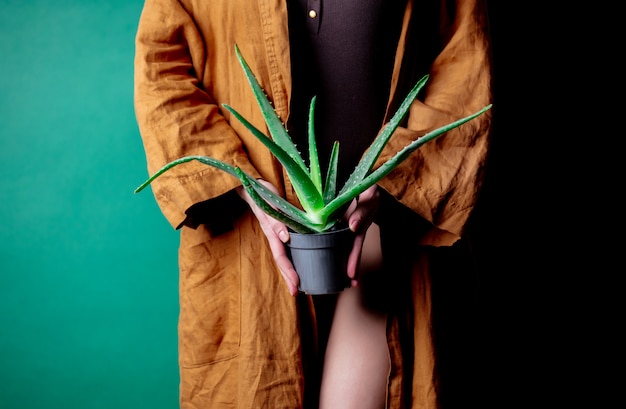 Mulher tem aloe nas mãos ao nível do pé