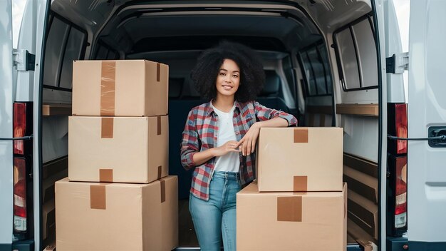 Foto mulher terminou com pacotes de carga e está pronta para enviar ou mover