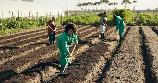 Foto mulher terra ou agricultura para raspar campo comida saudável e sustentabilidade em agricultura ecológica trabalho de diversidade ou áfrica nutrição ong fazenda startup em ecologia saúde solo ou planta no campo