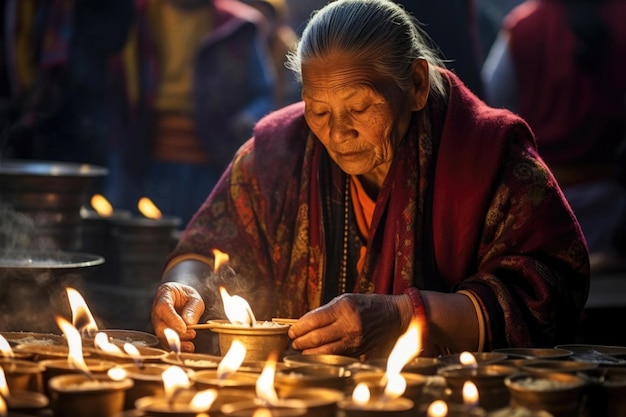 Foto mulher tibetana acende velas para o feriado de losar no nepal