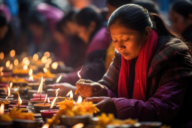 Mulher tibetana acende velas para o feriado de losar no nepal