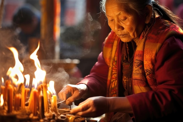 Mulher tibetana comemora o feriado de losar em katmandu, nepal