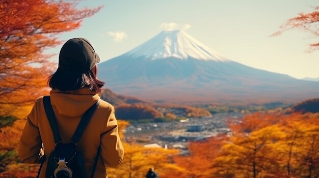 Mulher tira uma foto nas montanhas de Fuji Outono no Japão conceito de viagem