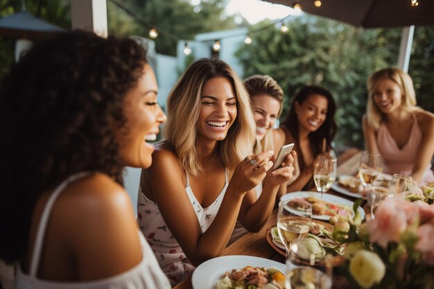 Mulher tirando foto de suas amigas em um jantar