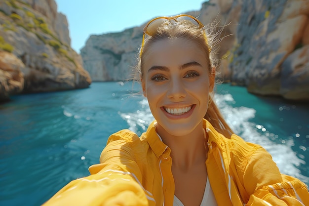 Mulher tirando uma selfie em um barco Inteligência Artificial Gerativa