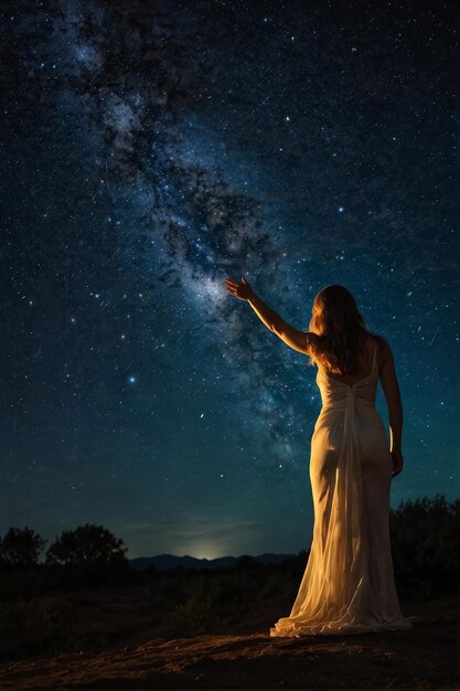 Foto mulher tocando estrelas no céu noturno cena da natureza etérea