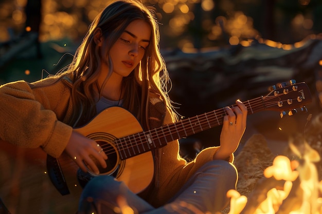 Mulher tocando guitarra junto a uma fogueira