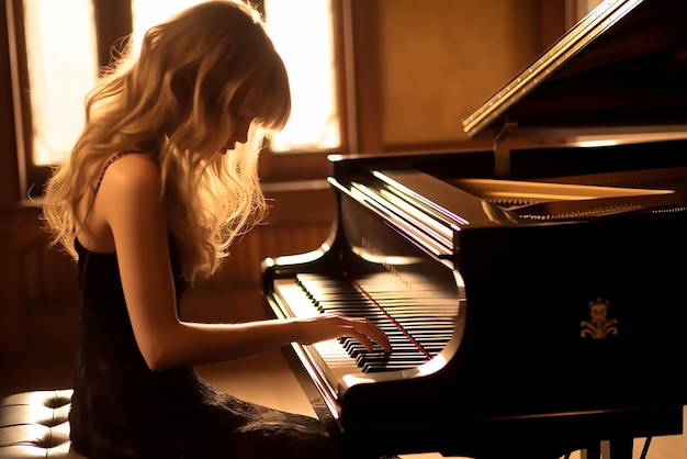 mulher tocando piano no escuro