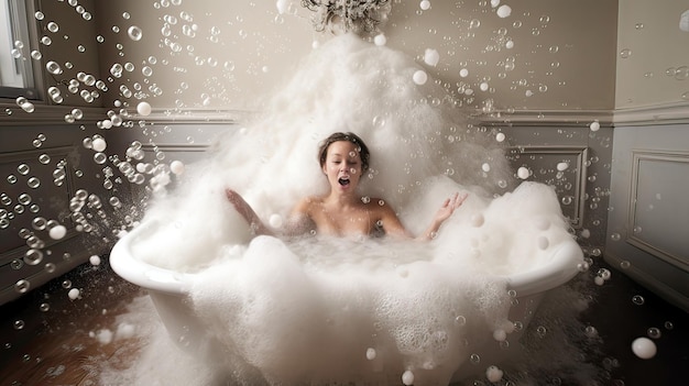 Mulher tomando banho de espuma com espuma flutuando