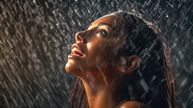 Mulher tomando banho debaixo do chuveiro