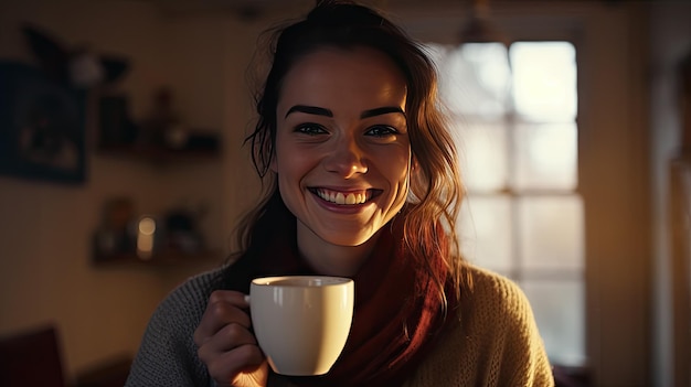 Mulher tomando café em casa com o nascer do sol brilhando pela janela